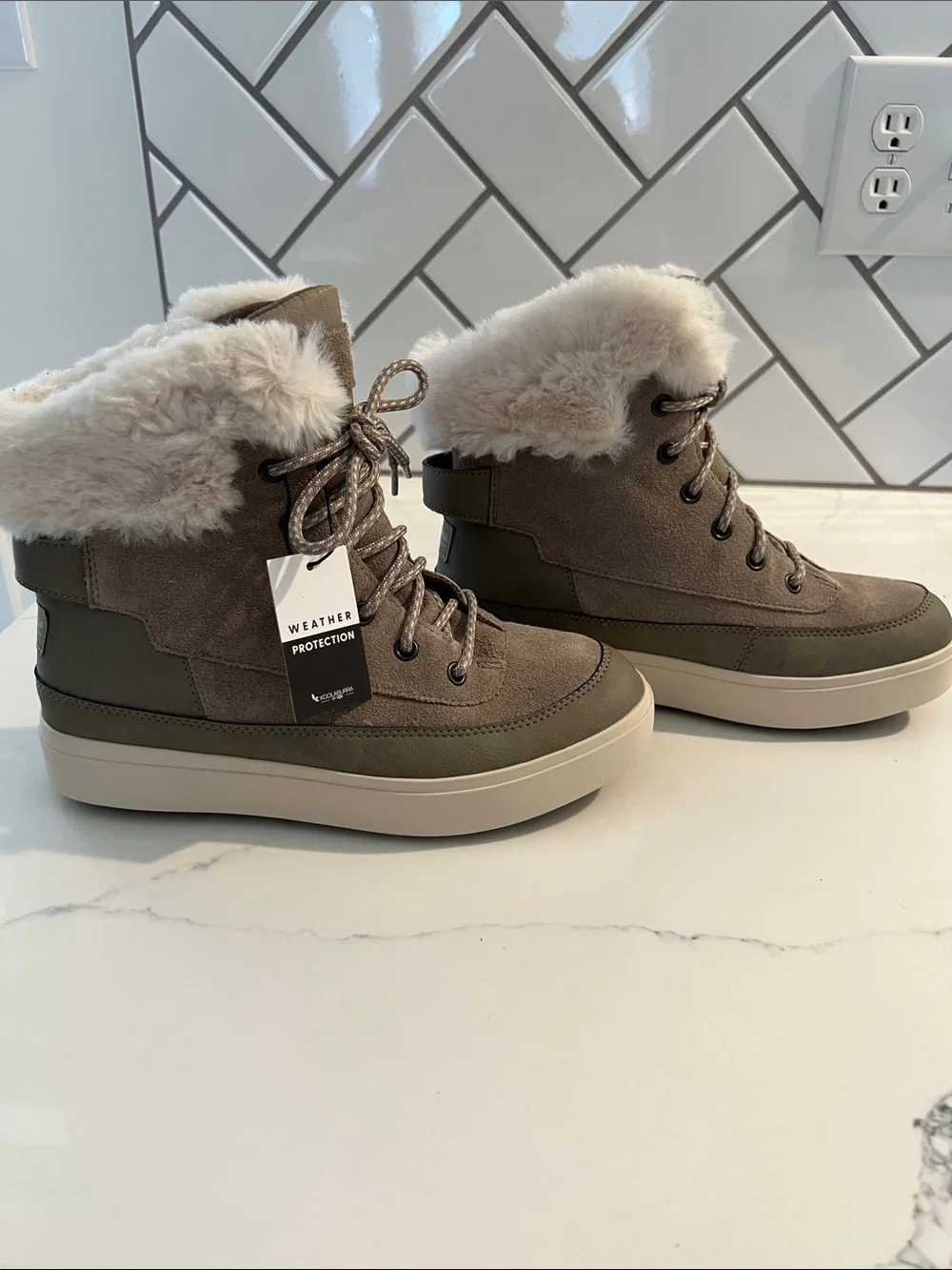 Koolaburra Olive Suede Faux-Fur Cuff Weather-Resistant Lace-Up Boots